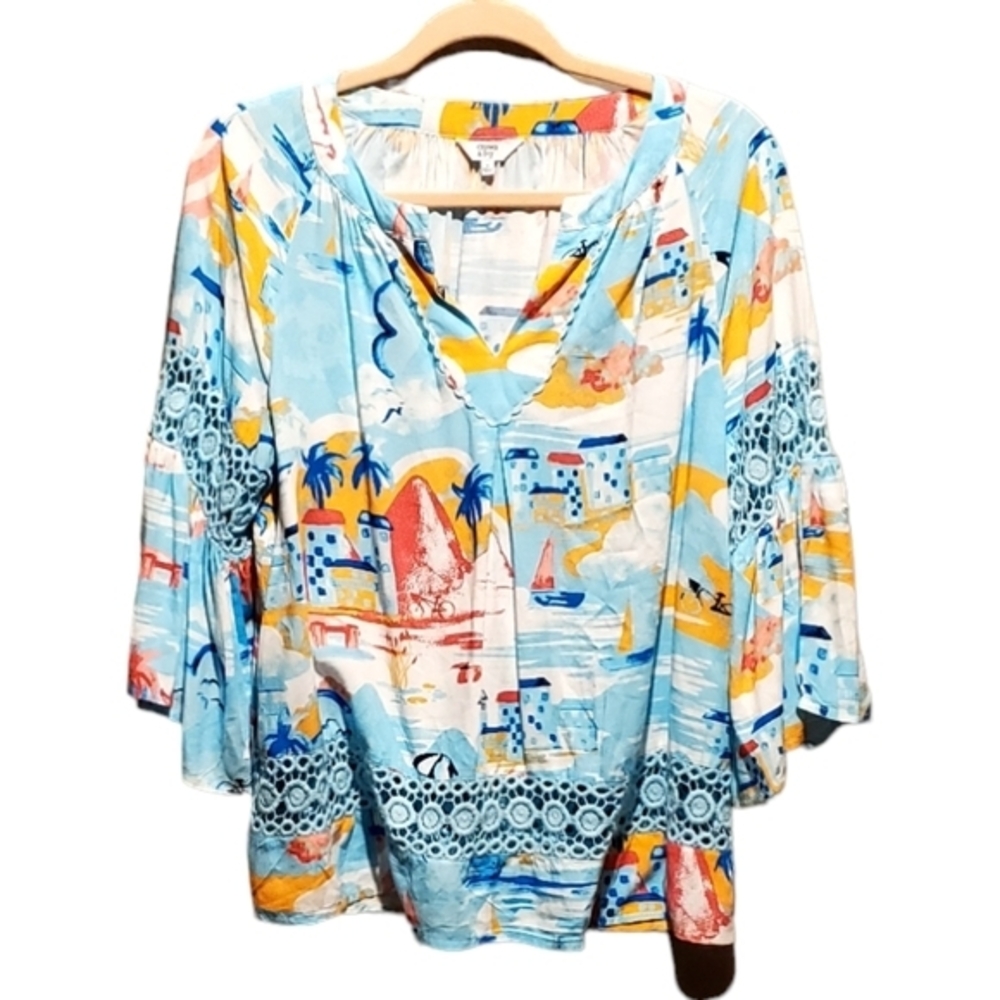 Crown & Ivy Rayon Pullover Nautical V-neck Open‎ Details Top Blouse Small Women